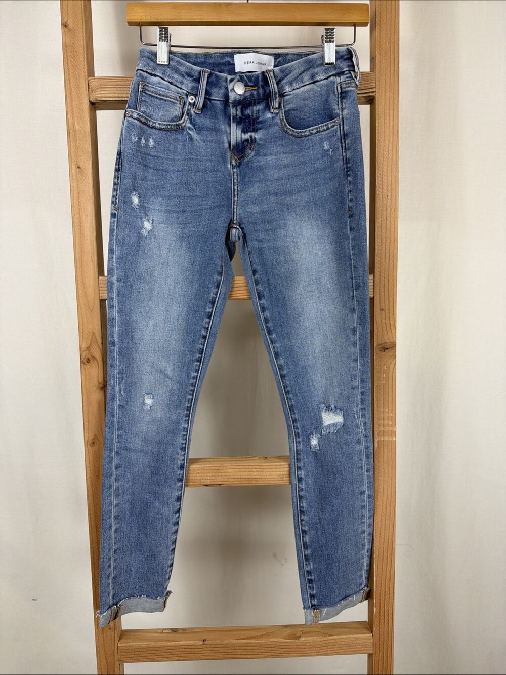 NWT Dear John Blue Distressed 5-Pocket Button Zip Skinny Jeans #1185 Size 25